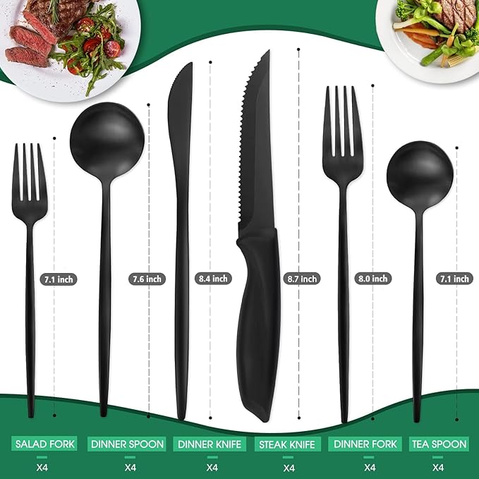 24 Pieces Matte Black Silverware Set with Steak Knives,Satin Finish tableware Cutlery Set for Home and Restaurant,Matte Knife Spoon and Fork Sets Service for 4,Dishwasher Safe