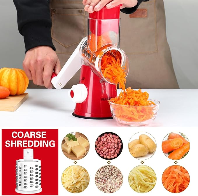 Cambom Rotary Cheese Grater Hand Crank Cheese Shredder for Fresh Cheese, Vegetable, Nuts,Non-slip Suction Base, Free Cleaning Brush Three Blades, Red