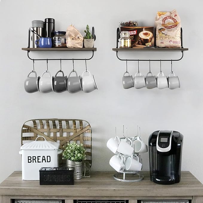 Olakee Floating Wall Shelves for Bathroom Kitchen Coffee Nook with 10 Adjustable Hooks for Mugs Cooking Utensils or Towel Rustic Storage Shelves Set of 2/17x5.9 inch (Weathered Grey)