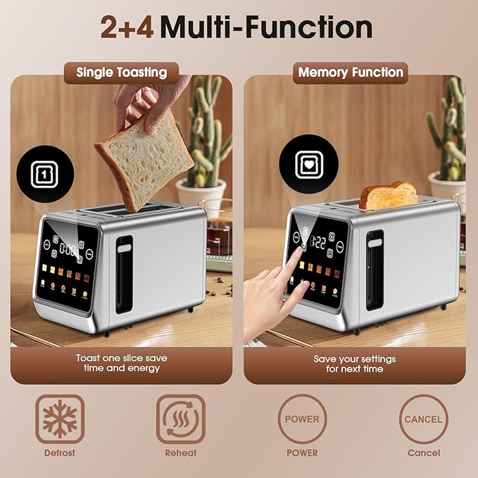 Toaster 2 Slice Wide Slot, Stainless Steel Digital Toasters Best Rated Prime, Touch Screen Toaster for 5 Bread Types/6 Shade Settings/Single Slot Toasting/Memory Function/Defrost/Reheat