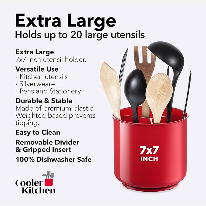 Extra Large Rotating Red Utensil Holder with Sturdy No-Tip Weighted Base, Removable Divider, and Gripped Insert | Rust Proof and Dishwasher Safe Kitchen Utensils Holder by Cooler Kitchen 7*7 Inches