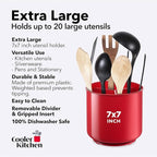 Extra Large Rotating Red Utensil Holder with Sturdy No-Tip Weighted Base, Removable Divider, and Gripped Insert | Rust Proof and Dishwasher Safe Kitchen Utensils Holder by Cooler Kitchen 7*7 Inches
