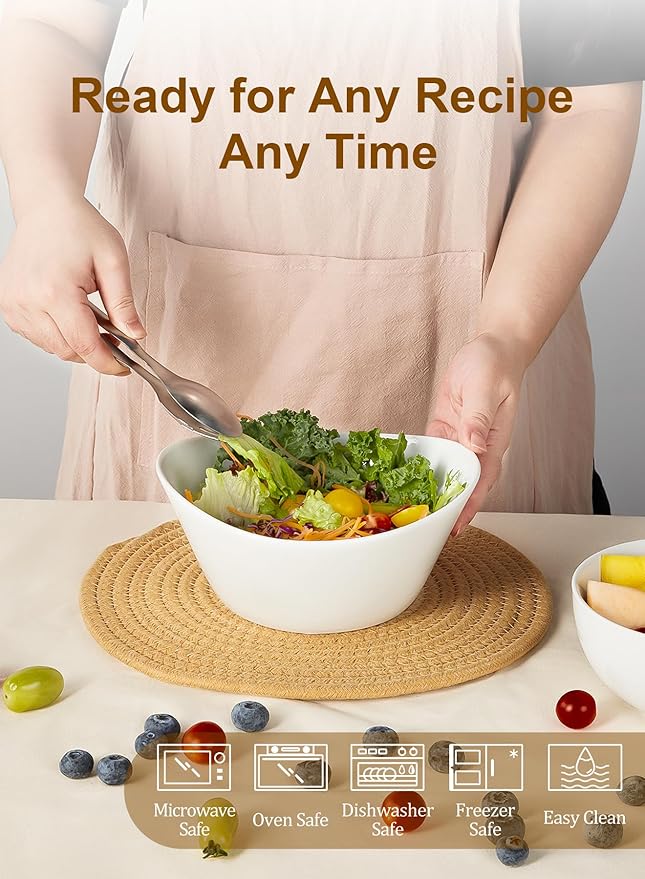 Yedio Salad Bowls Set, 48 Ounces Porcelain Serving Bowls for Kitchen, Large White Bowls for Soup, Oatmeal, Pasta, Snacks, Set of 2, Microwave Dishwasher Safe