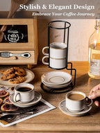 Gomakren 2.5 Ounce Espresso Cups Set of 4, Small Stackable Coffee Cups with Saucers and Metal Stand, Halloween Porcelain Demitasse Cups for Specialty Coffee Drinks, Espresso, Cappuccino, Latte, White