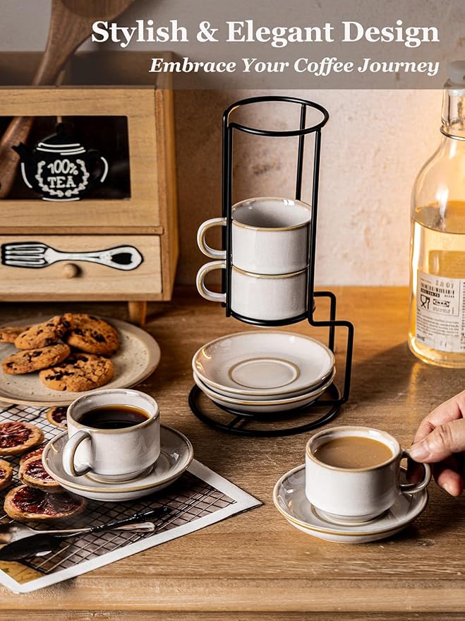 Gomakren 2.5 Ounce Espresso Cups Set of 4, Small Stackable Coffee Cups with Saucers and Metal Stand, Halloween Porcelain Demitasse Cups for Specialty Coffee Drinks, Espresso, Cappuccino, Latte, White