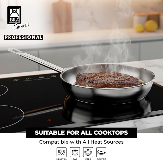 BRA COOKWARE Profesional Frying Pan | 9.5 inches Professional Skillet | Stainless Steel Pan w/o Non-Stick Coating | All Stovetop Compatible - Full Induction Skillet | 100% PFOA Free | Brushed Finish