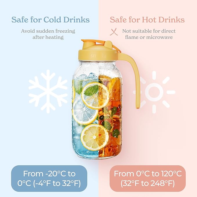 SMIRLY 64 oz Mason Jar Pitcher,Glass Pitcher with Wide Mouth,Water Jug with Double Leak Proof Lid for Iced Coffee,Hot Water,Breast Milk