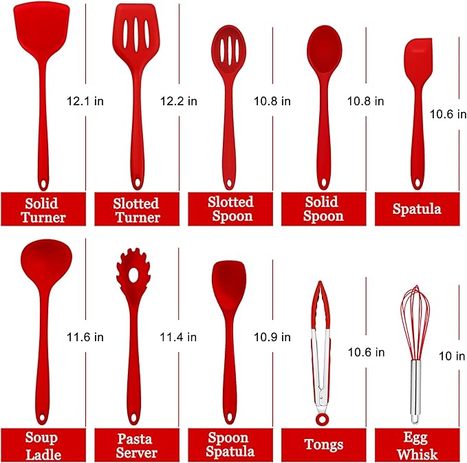 E-far 10 Pieces Silicone Cooking Utensils Set, Heat Resistant Kitchen Utensil Set for Nonstick Cookware, Kitchen Cooking Tools with Spatula, Spoon, Slotted Turner, Non-Toxic & Dishwasher Safe (Red)