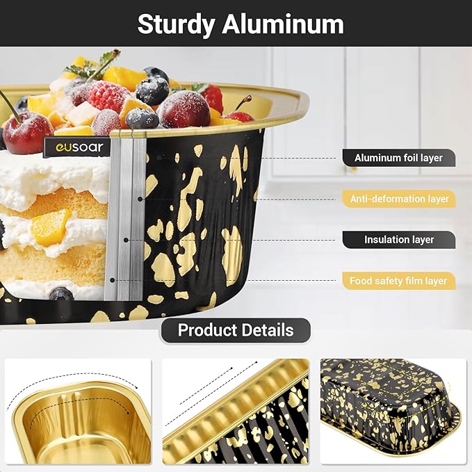EUSOAR Mini Cake Pans with Lids, 50pcs 6.8oz Disposable Aluminum Foil Small Loaf Baking Pans with Lids, Souffle Muffin Liners Cupcake Containers Wrappers Cheesecake Creme Brulee Ramekins Pan