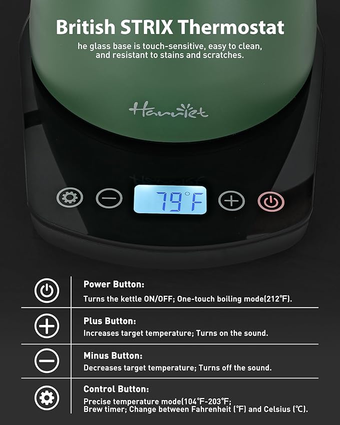 Harriet Gooseneck Electric Kettle - 1200W Fast Heat, 0.8L Stainless Steel, Precision Temp Control & Timer, Wood Handle, Pour Over Coffee and Tea, Green