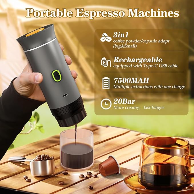 3-in-1 Portable Espresso Maker, Travel Coffee Maker, Self-Heating Car Coffee Maker with USB-C, Small Espresso Machine with Ground Coffee & Capsules (NS＆DG) for RV, Hiking, Office (grey)
