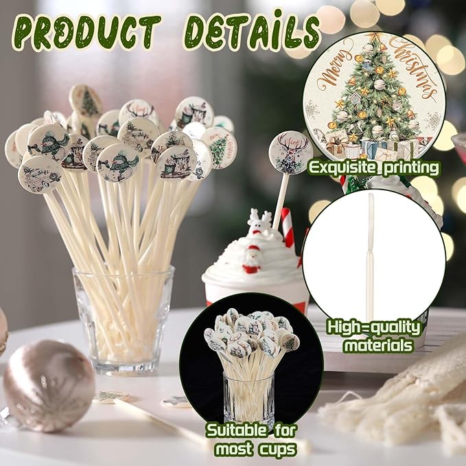 Meanplan 60pcs Christmas Swizzle Sticks Christmas Cocktail Stirrers Plastic Stir Sticks Xmas Santa Claus Snowman Decorations for Birthday Party Coffee Shop Supplies Favors Gifts(Reindeer)