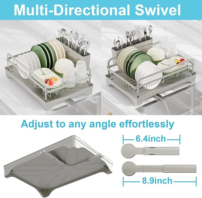 Dish Drying Rack - Space-Saving Dish Rack,Dish Racks for Kitchen Counter with Drainboard,Rustproof Countertop Dish Drainer with Utensil Holder for Sink Grey