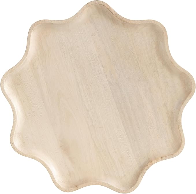 Kate and Laurel Alezar Mango Wood Wavy Round Lazy Susan Tray, 18 Inch Diameter, Light Bleached Wood, Scalloped Wooden Countertop Organizer with Turning Lazy Susan for Kitchen Storage or Ottoman Tray