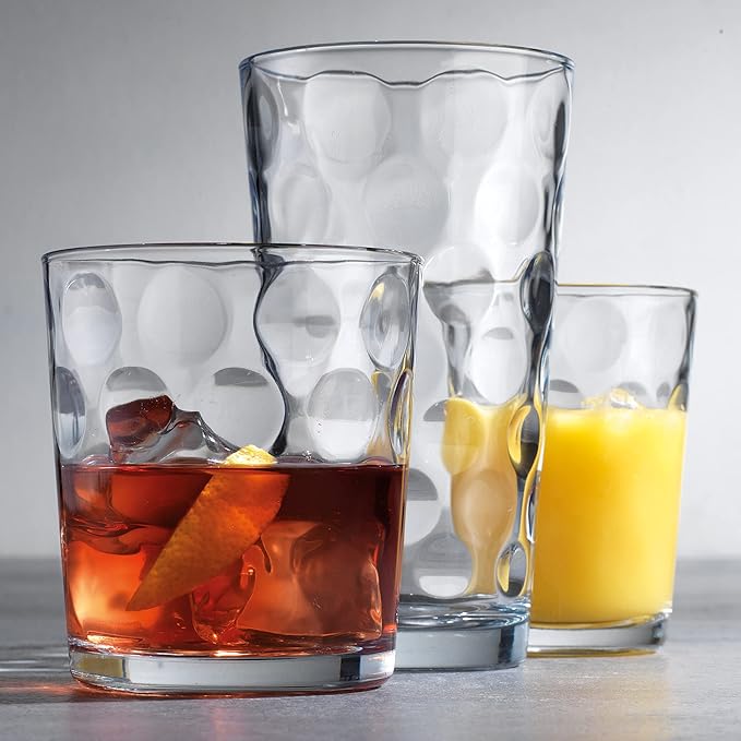 Home Essentials & Beyond Glassware Set 18 Piece Mixed Drinkware Set. 6 Highball Tumblers-17 oz., 6 Rock Whiskey-13 oz., and 6 Juice-7 oz. All Size Glass Cups Drinking Glasses. (Design on Inner Glass)