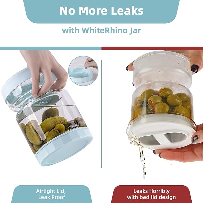 WhiteRhino Glass Pickle Container with Strainer Flip, 51oz Hourglass Pickle Flip Jar, Leakproof Storage, Separates Juice for Olives, Onions, Gherkins