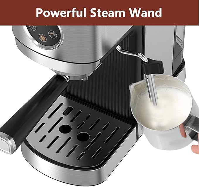 VEGETA Espresso Machine 20 Bar, Small Coffee Maker with 40oz Removable Water Tank, Stainless Steel Espresso Machine with Steam Milk Frother, Latte & Cappuccino Machine for Home, Silver