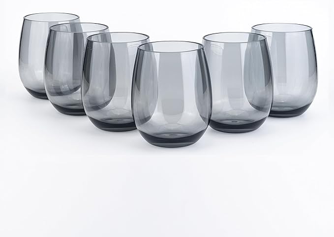 KOXIN-KARLU Classic 18-ounce Acrylic Stemless Wine Glasses, Unbreakable Mixed Drinkware Plastic Tumbler, set of 6 Grey