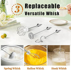 Nahida White Milk Frother Wand for Coffee, Frother Handheld Rechargeable Electric Whisk with 3 Heads 3 Speeds Drink Mixer Coffee Frother Foam Maker For Latte, Cappuccino, Hot Chocolate, Egg