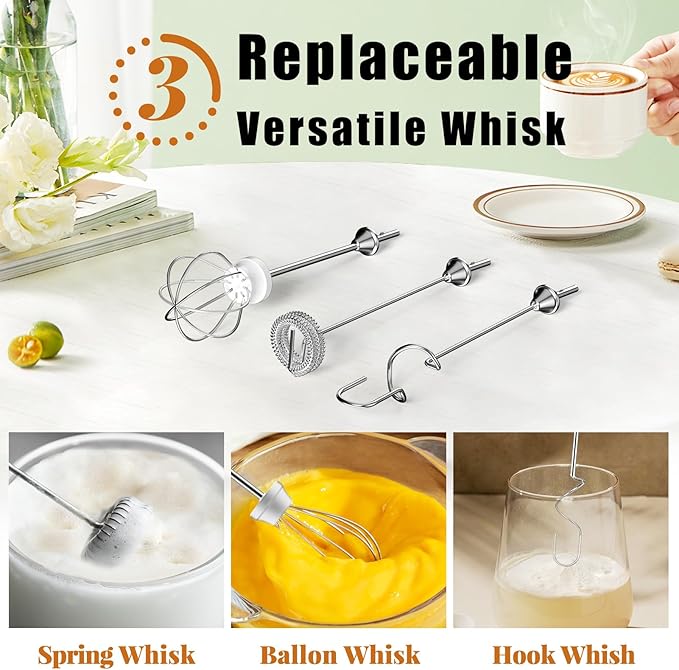 Nahida Black Handheld Milk Frother for Coffee, Rechargeable Electric Whisk with 3 Heads 3 Speeds Frother Foam Maker For Latte, Cappuccino, Hot Chocolate, Egg