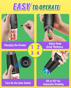 Rongyuxuan Upgraded Rechargeable Gravity Electric Salt and Pepper Grinder Set with LED lights,Stainless Steel Automatic Pepper or Salt Grinder Mill Shaker Refillable with Adjustable Coarseness,Black