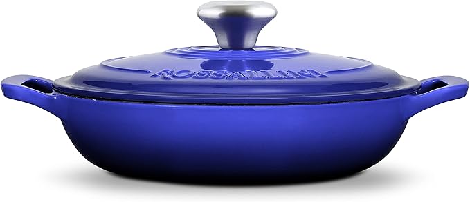 Signature Enameled Cast Iron Braiser, Non-Stick Serving Pot with Tight Fitting Lid for Perfect Roasting, Baking, Sauteing, Searing, and Pan Frying | 1.5Q (1.4L) - Indigo Blue