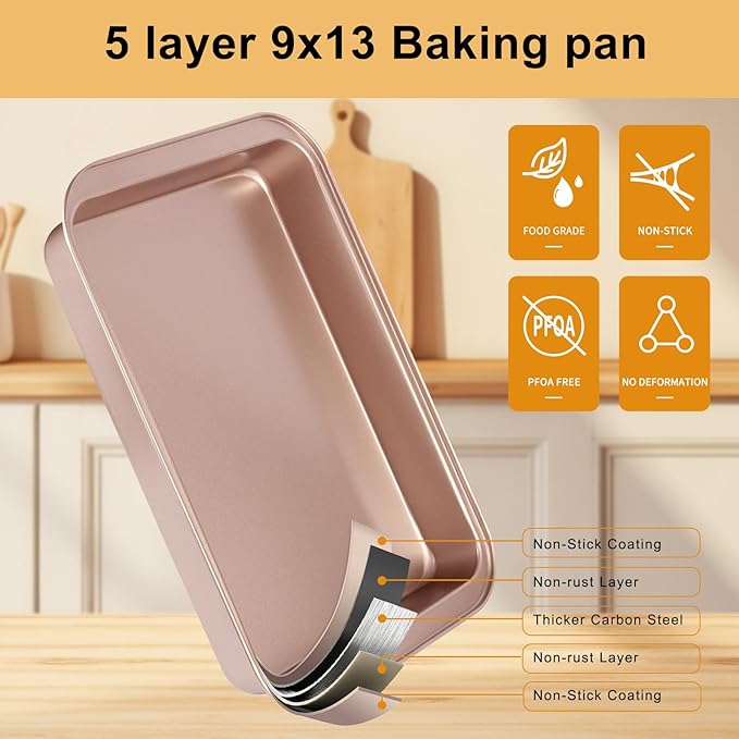 9x13 Baking Pan, Rectangle Cake Pan Nonstick, Bakeware Baking Pans for Oven, Easy Clean, Carbon Steel Cake Pan for Lasagna Brownies Casseroles Cakes Pan, Rose Gold