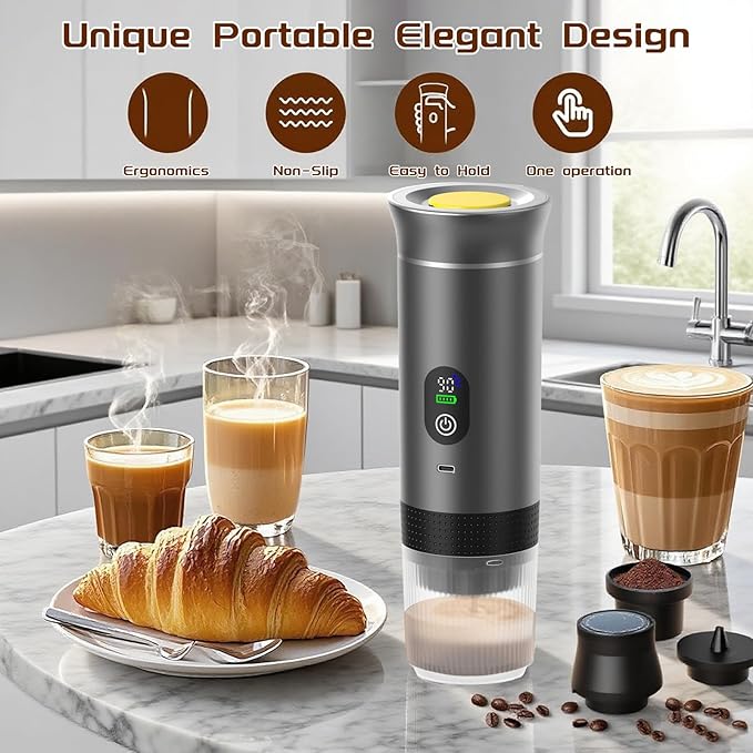 3-in-1 Portable Espresso Machine for Travel & Camping- 20 Bar Self-Heating Portable Coffee Maker with USB-C LED Display Car Coffee Maker, Compatible with Grounds&Capsules(Ns&DG) for RV, Hiking, Office