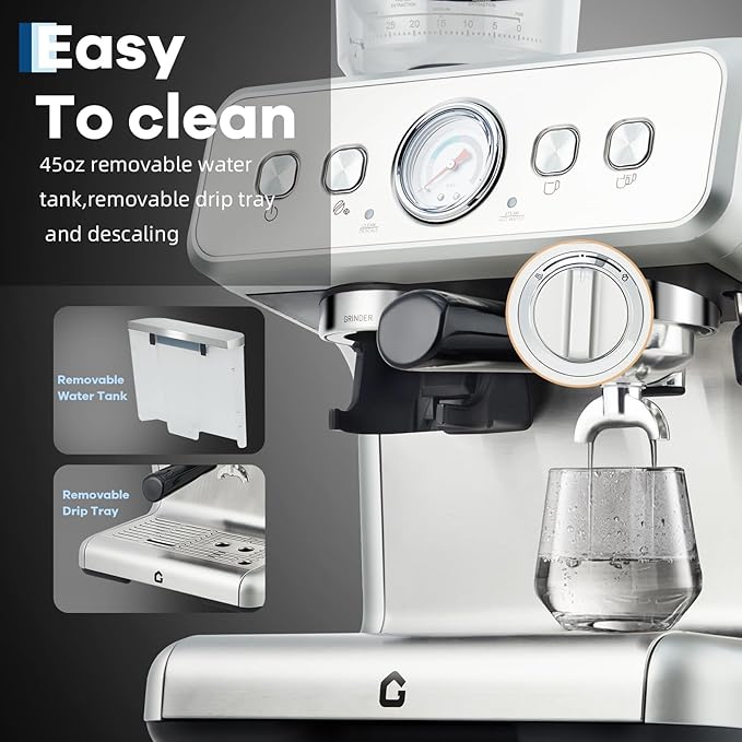 Stainless Steel Espresso Machine with Grinder and 20 Bar Pressure, 2.8l Removable Water Tank, Milk Frother Steam Wand for Latte and Cappuccino, Adjustable Shot Volume,Silver