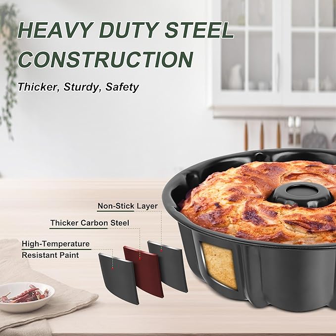 Homikit 10 Inch Non-stick Cake Pan, Heavy Duty Carbon Steel Fluted Tube Round Pans for Baking Meatloaf Jello Angel Food Cake Monkey Bread and More, 10 Cups Large Capacity & Easy Release, Black