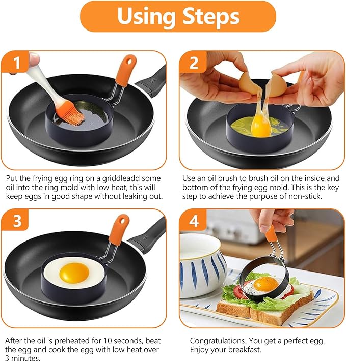 6 Pcs Professional Egg Ring Set, Non-stick Griddle Omelette Ring, Pancake Molds with Oil Brush,Stainless Fried Egg Molds with Orange Anti-scald Silicone Handle