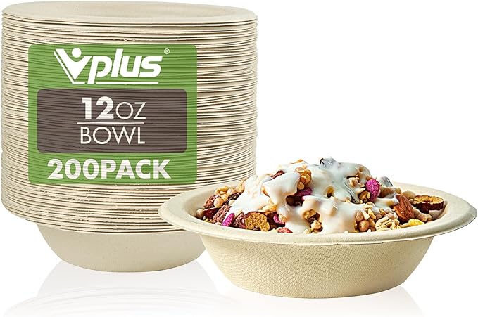 Vplus 200 Pack 12 OZ Paper Bowls, Disposable Compostable Bulk, Eco-friendly Bagasse, Heavy-duty Bowls Perfect for Milk Cereals, Snacks, Salads