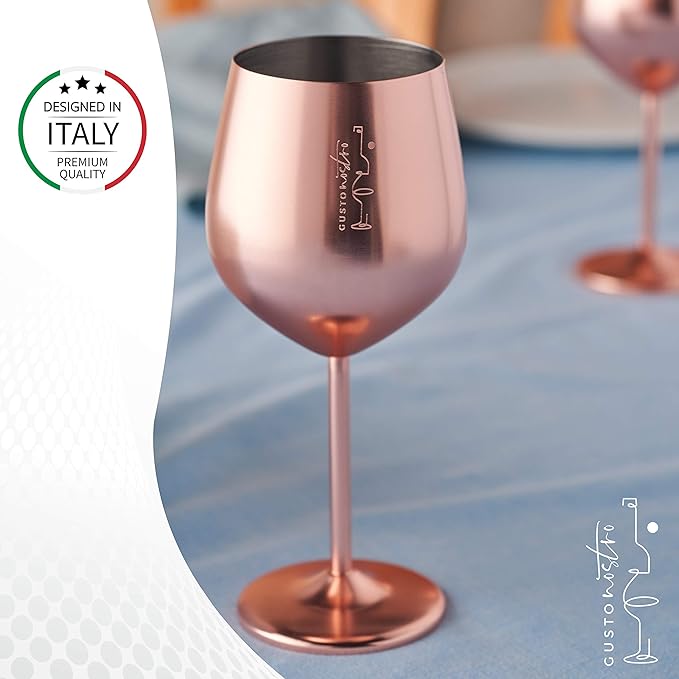 Gusto Nostro Stainless Steel Wine Glass - 18 oz - Unbreakable Rose Gold Wine Glasses for Travel, Camping and Pool - Fancy, Unique and Cool Portable Metal Wine Glass for Outdoor, Picnics (Set of 2)