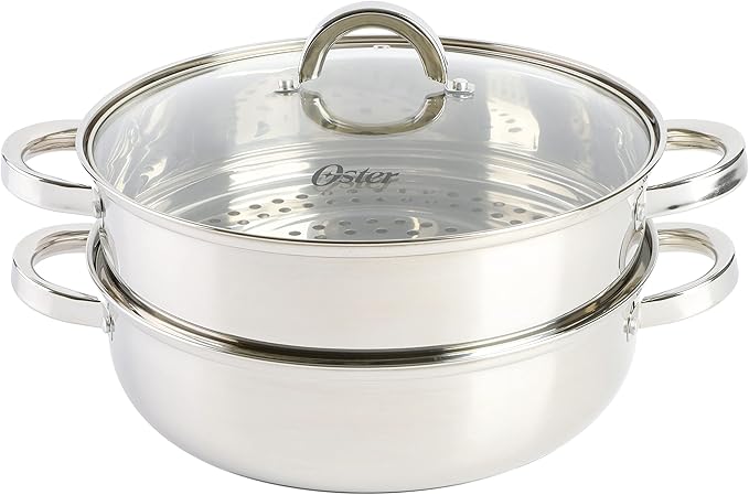 Oster Sangerfield 11-Inch Stainless Steel Everyday Cookware Pan with Steamer and Lid – Durable Nonstick Frying Skillet for Kitchen Cooking