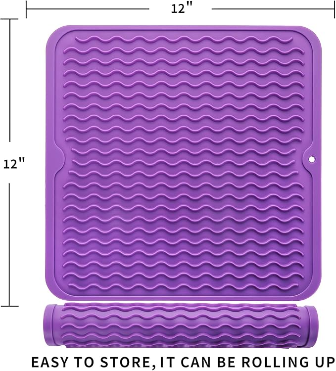 Silicone Dish Drying Mat for Multiple Usage,Easy clean,Eco-friendly,Heat-resistant Silicone Mat for Kitchen Counter or Sink,Refrigerator or Drawer liner Purple M 12 inches x 12 inches