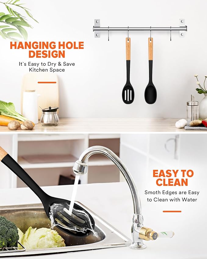 Silicone Cooking Spoons, Great for Scooping Sides and Serving Hearty Stews, BPA-Free Matte Silicone, Wooden Handle Serving Spoon for Nonstick Cooking Surfaces (Black)