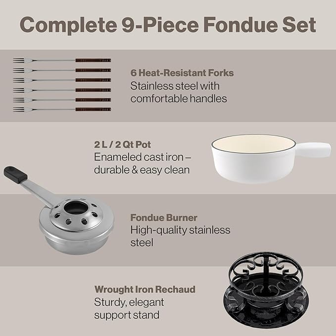 Swissmar Lugano Cast Iron Cheese Fondue Set, 9-Piece, 2 QT / 2 L - Ideal for Melting Cheese, Chocolates, Caramel, & More - Perfect for Kitchen Collection & Gift Giving - Matte White