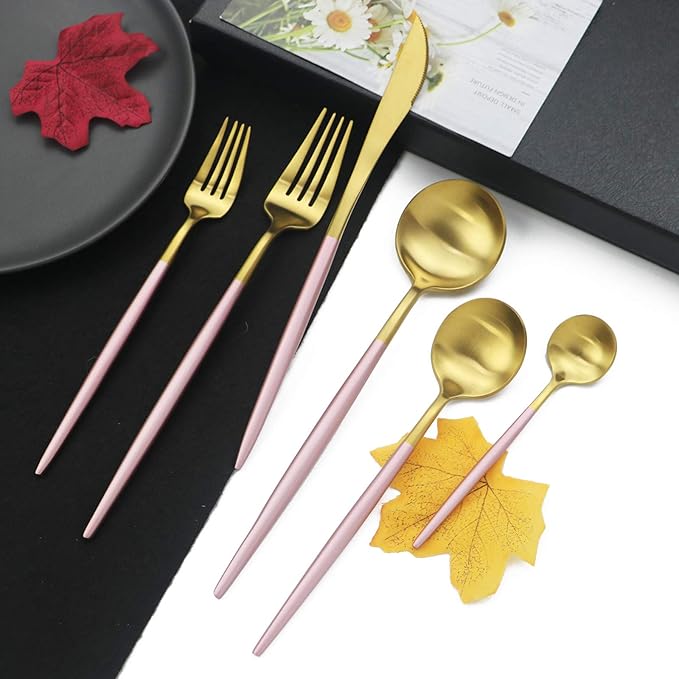 JASHII Luxury 18/10 Pink Handle Flatware Gold Silverware Set 304 Stainless Steel Flatware Cutlery Set| 6-Piece Adaline Royal Modern Satin Finish| BEST Birthday Wedding Gift (Pink Handle Matte Gold)