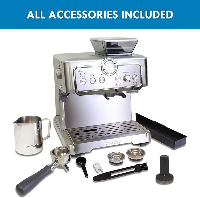 Kenmore Espresso Machine – Automatic Coffee Maker with Manual Tamper, Auto Cleaning, Milk Steamer & Frother, Bean Grinder, Brew Professional Barista Style Cappuccino, Café Latte