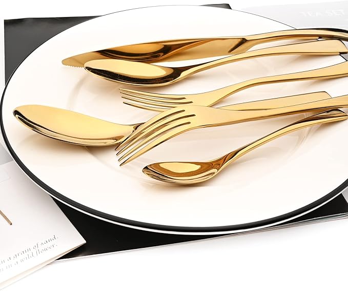 Gold Tableware 20Pcs Mirror Polished 18/10 Stainless Steel Luxury Flatware - Heavy Cutlery Set Service For 4 Include Knives/Forks/Spoons/Salad Fork/Teaspoon, Dishwasher Safe