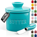 Zulay Kitchen Porcelain Butter Crock With Lid & Knife - Authentic French Butter Dish For Fresh & Spreadable Butter - Turqoise
