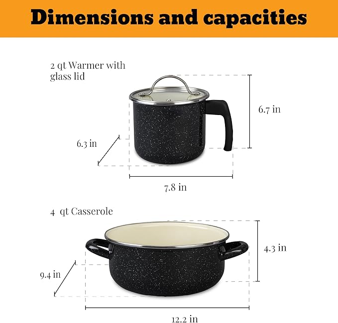 Granite Ware 5-Piece Bicolour Cookware Set, Enameled Steel with Glass Lid, Speckled Black & Cream, Oven Safe to 935°F