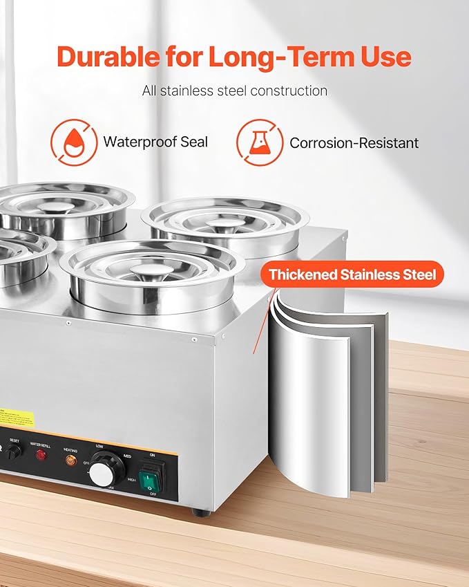 VEVOR Electric Soup Warmer, Four 6.34QT Stainless Steel Round Pot with 86~185°F Adjustable Temp, 1500W Commercial Bain Marie with Anti-Dry Burn and Reset Button, Soup Station for Restaurant, Buffet
