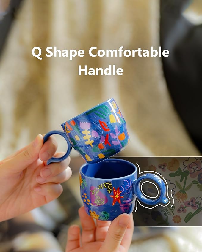 Ceramic Espresso Cups Set of 2 – Mini 3 oz Double Espresso Coffee Cups with Cute Q Handle, Floral and fruit Patterns, Small Blue Demitasse Shot Cups for Coffee Machine