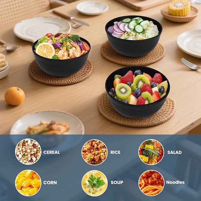 Cereal Bowls - Wheat Straw Bowl Set of 6, 26 OZ Unbreakable Bowls for Kitchen, Alternative to Plastic Bowls Reusable, Microwave Safe Bowl for Soup, Salad, Oatmeal, Snack (Black)