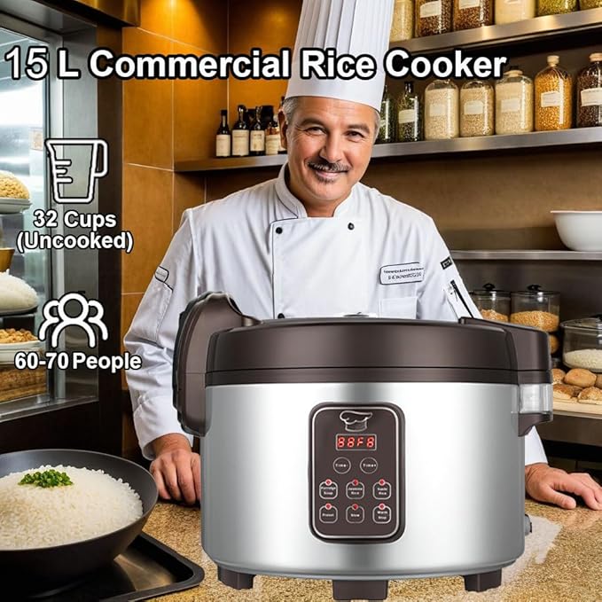 15L Commercial Rice Cooker & Warmer (84 Cup Cooked, 15.8 QT) Smart Large Rice cooker 6 Rice Cook Functions 24-Hr Delay Timer | LED Display | Auto Keep Warm | Non-Stick Inner Pot