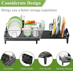 SNTD Dish Drying Rack - Expandable Dish Rack for Kitchen Counter, Large Dish Drainer with Pan Holder, Dish Strainer with Drainboard Cup Holder and Utensil Holder, Black