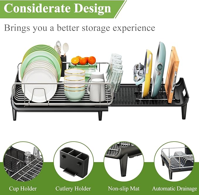 SNTD Dish Drying Rack - Expandable Dish Rack for Kitchen Counter, Large Dish Drainer with Pan Holder, Dish Strainer with Drainboard Cup Holder and Utensil Holder, Black