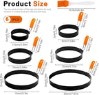 6 Pack Different Sized Egg Ring Set, Stainless Steel Round Egg Shaper with Silicone Handle & 1 Brush, Nonstick Egg Circles for Baking Pancake Griddle Muffin Omelette Cooking Frying (Black, Orange)