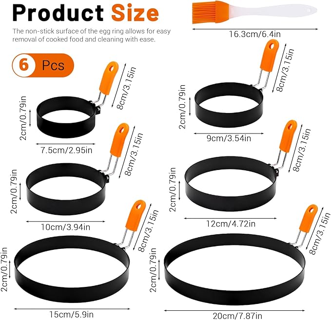 6 Pack Different Sized Egg Ring Set, Stainless Steel Round Egg Shaper with Silicone Handle & 1 Brush, Nonstick Egg Circles for Baking Pancake Griddle Muffin Omelette Cooking Frying (Black, Orange)